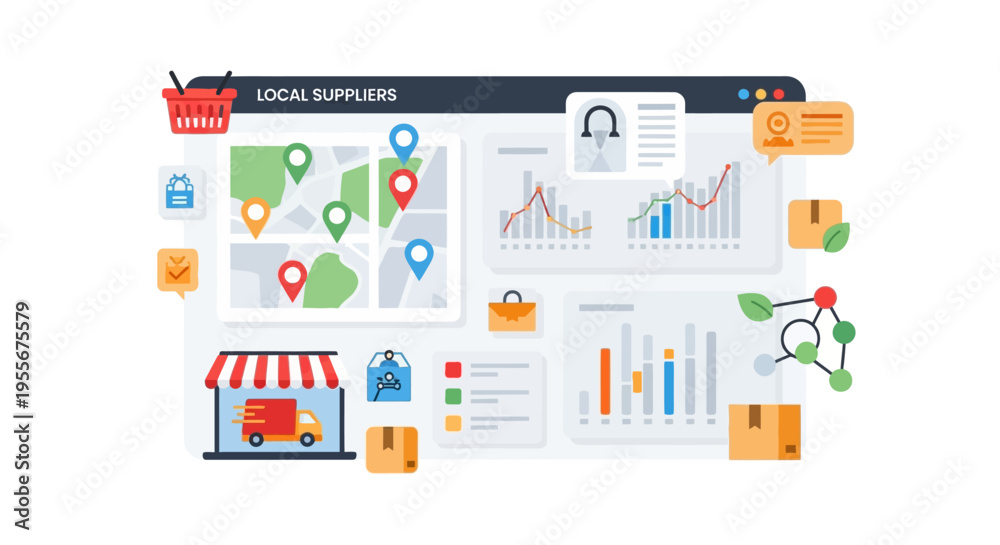 Fototapeta premium Local Suppliers Management Dashboard: Optimizing E-commerce Logistics, Supply Chain & Hyperlocal Delivery