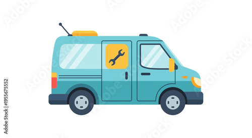Flat Design Service Van Illustration with Wrench Icon. Mobile Repair & Maintenance Vehicle Concept on White Background.