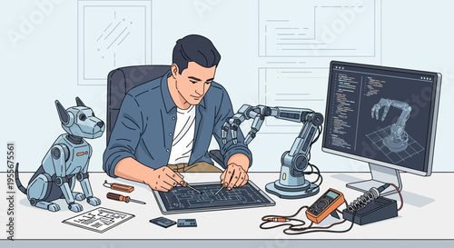 Man working on computer with robotic arm.