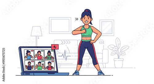 Woman in athletic wear exercising online.