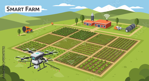 Drone on smart farm field aerial.