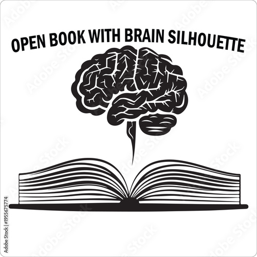 Brain knowledge concept with open book silhouette, black isolated vector