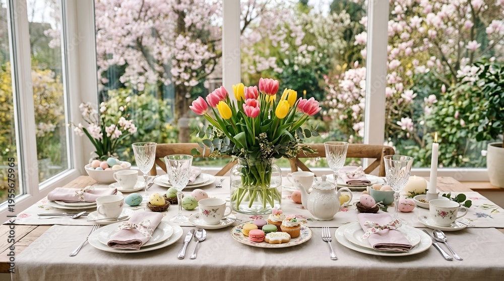 Fototapeta premium easter table setting with spring bouquet and easter eggs, easter morning