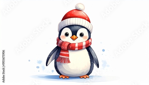 Wallpaper Mural Cute Cartoon Penguin Winter Illustration Red Scarf Festive Hat Snowy Background Cheerful Animal Visuals Torontodigital.ca