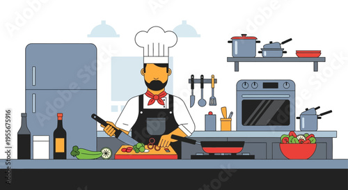 Chef preparing food in kitchen.