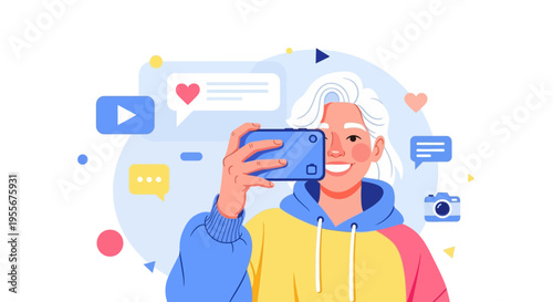 Smiling senior man taking selfie photo.