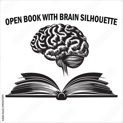 Open book intelligence icon silhouette, brain knowledge concept, black vector