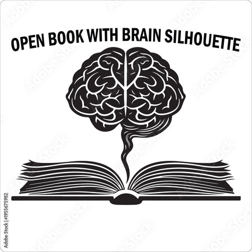 Brain learning from book silhouette, education and study concept, black vector