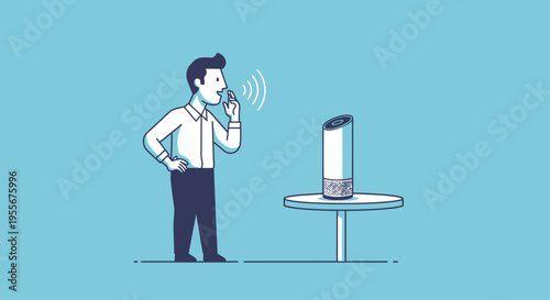 Man talking on a smart speaker.