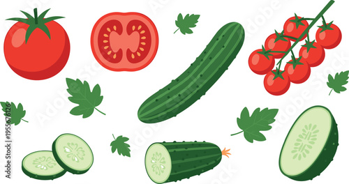 Fresh tomato and cucumber vector set including whole sliced cherry tomatoes and green leaves for healthy food design