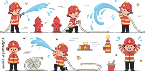 Firefighter cartoon characters vector set with fireman spraying water hose hydrant equipment and safety elements for emergency service illustration