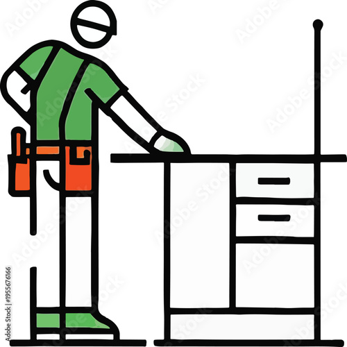 Construction worker with tool belt by a desk builder