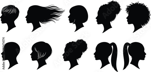 Female hairstyle silhouette collection, diverse women head profiles, straight wavy curly hair designs, buns ponytails styles, fashion beauty vector illustration
