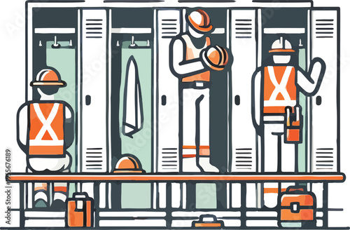 Construction workers in a locker room with lockers Keywords: construction, workers, men, hard