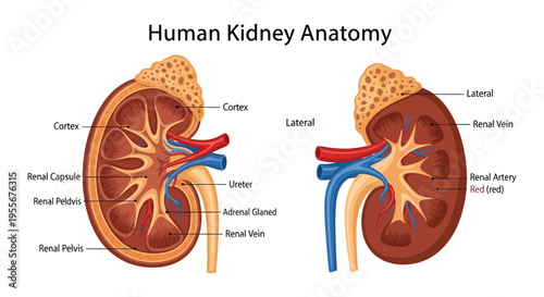 Detailed diagram illustrating the internal structures and labeled anatomy of the human kidney organ system