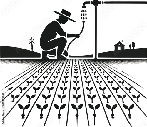 Farmer irrigating crops with a hose and sprinkler system
