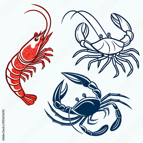 Crustaceans including a lobster, crab, and prawn