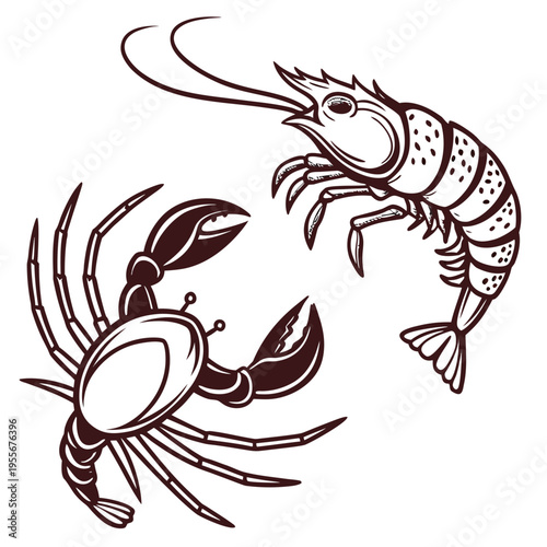 A lobster and a prawn facing each other