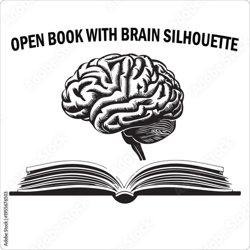 Open book brain icon silhouette, education and thinking concept, black isolated vector