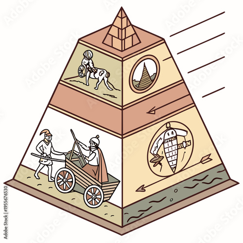 A pyramid with people and a chariot on it