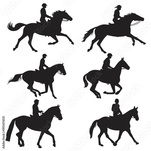 Silhouette of horse riders in various poses