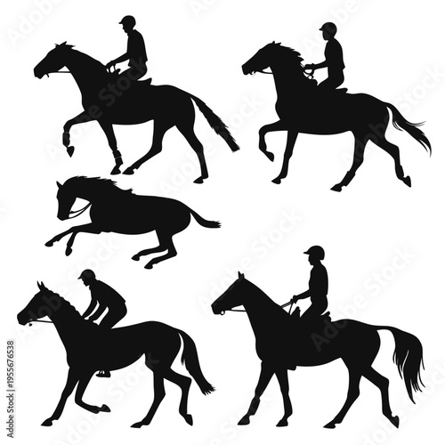 Silhouettes of horse riders in various poses
