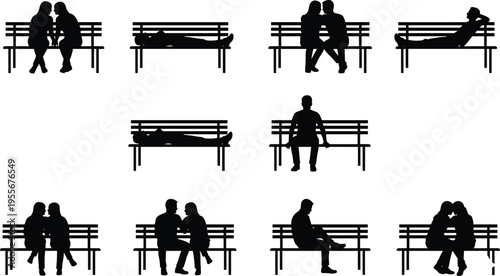 Park bench silhouette collection, people sitting and lying, social interaction scenes, companionship solitude illustration, public space vector design set