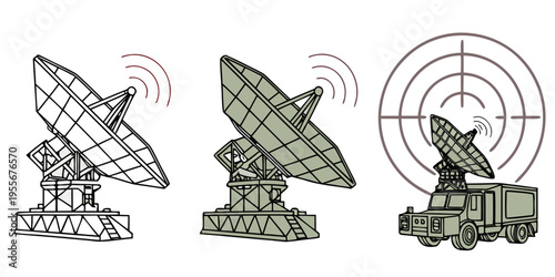 Military satellite dish antenna on a truck