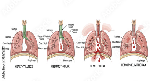 Detailed medical illustration depicting various human lung conditions including pneumothorax, hemothorax, and healthy lungs
