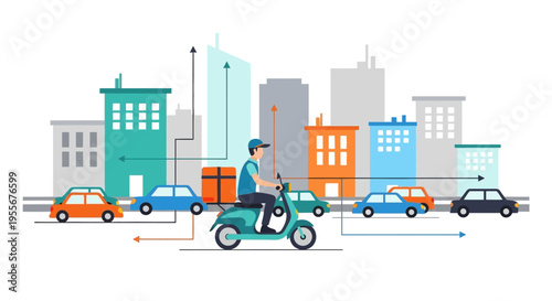 Urban Delivery Scooter Service Illustration: Fast Courier Transporting Packages in a Modern City