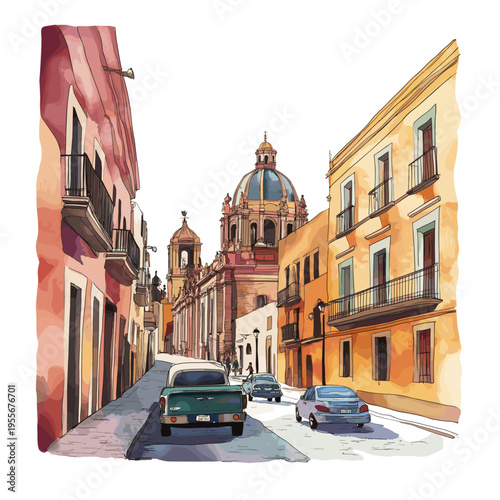 Mexico City Historic Centre. Mexico City Historic Centre hand drawn watercolor illustration