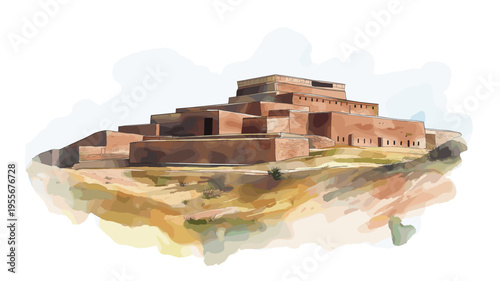 Tiwanaku Archaeological Site. Tiwanaku Archaeological Site hand drawn watercolor illustration