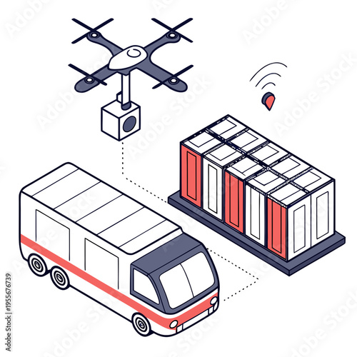 Delivery drone flying to a cargo container from a van