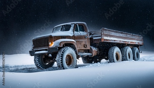 mad max inspired big rig truck riding through night winter