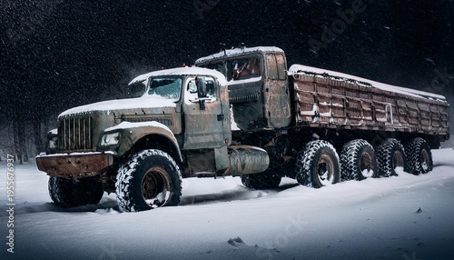 mad max inspired big rig truck riding through night winter