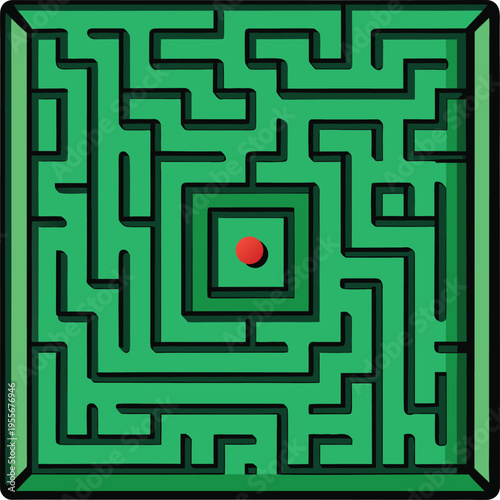 Green Maze with Red Center Dot, Abstract Strategy Concept