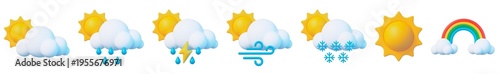 Fotografi Set of colorful 3D illustration weather icons including sunny, partly cloudy, rainy, thunderstorm, windy, snowy conditions and rainbow