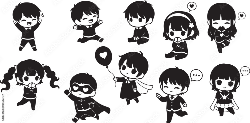Fototapeta premium A collection of adorable chibi style cartoon characters including boys and girls depicted in a stark black silhouette high quality professional detailed modern elegant stylish clean