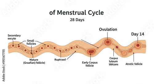Detailed biological illustration showing the sequential stages of the approximate twenty eight day human menstrual cycle