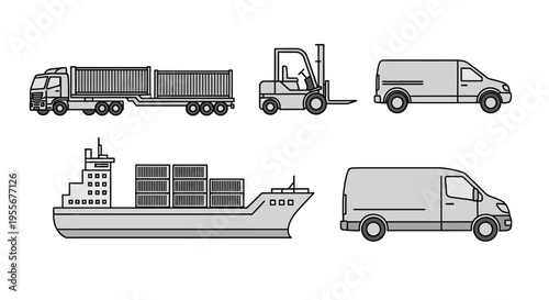 Cargo ships and delivery trucks side view.