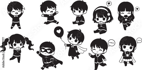A collection of adorable chibi style cartoon characters including boys and girls depicted in a stark black silhouette high quality professional detailed modern elegant stylish clean