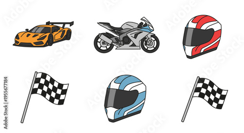 Racing helmets and checkered flags.