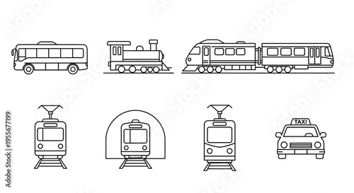 Various types of public transportation vehicles.