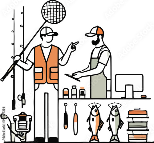 Two men in fishing store with gear and fish display