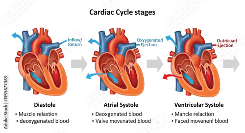 Detailed diagram illustrating the three key phases of the human cardiac cycle for educational understanding