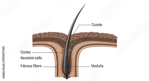 Detailed cross-section illustration showing the intricate anatomical structure of a human hair follicle and its components.