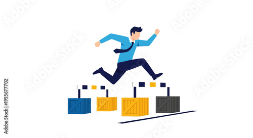Businessman jumping over briefcase hurdles fast.