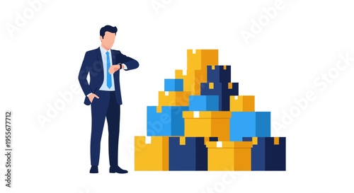Businessman standing beside large puzzle pieces.