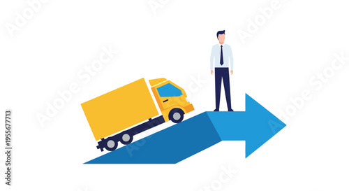 Businessman standing next to delivery truck.