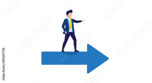 Businessman Walking on Blue Arrow Sign.